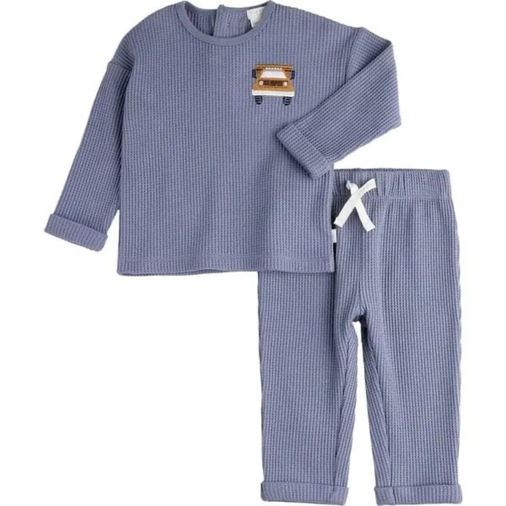 NEW FIRSTS by Petit Lem Truck Embroidered Thermal Top and Pants Set in Blue